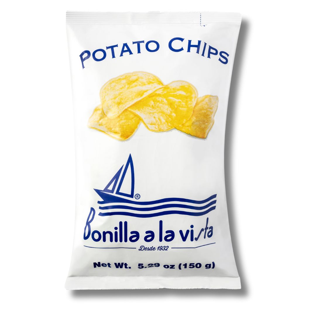 “Bag of Bonilla a la Vista Potato Chips – premium Spanish crisps made with Galician potatoes, olive oil, and sea salt, 150g.”