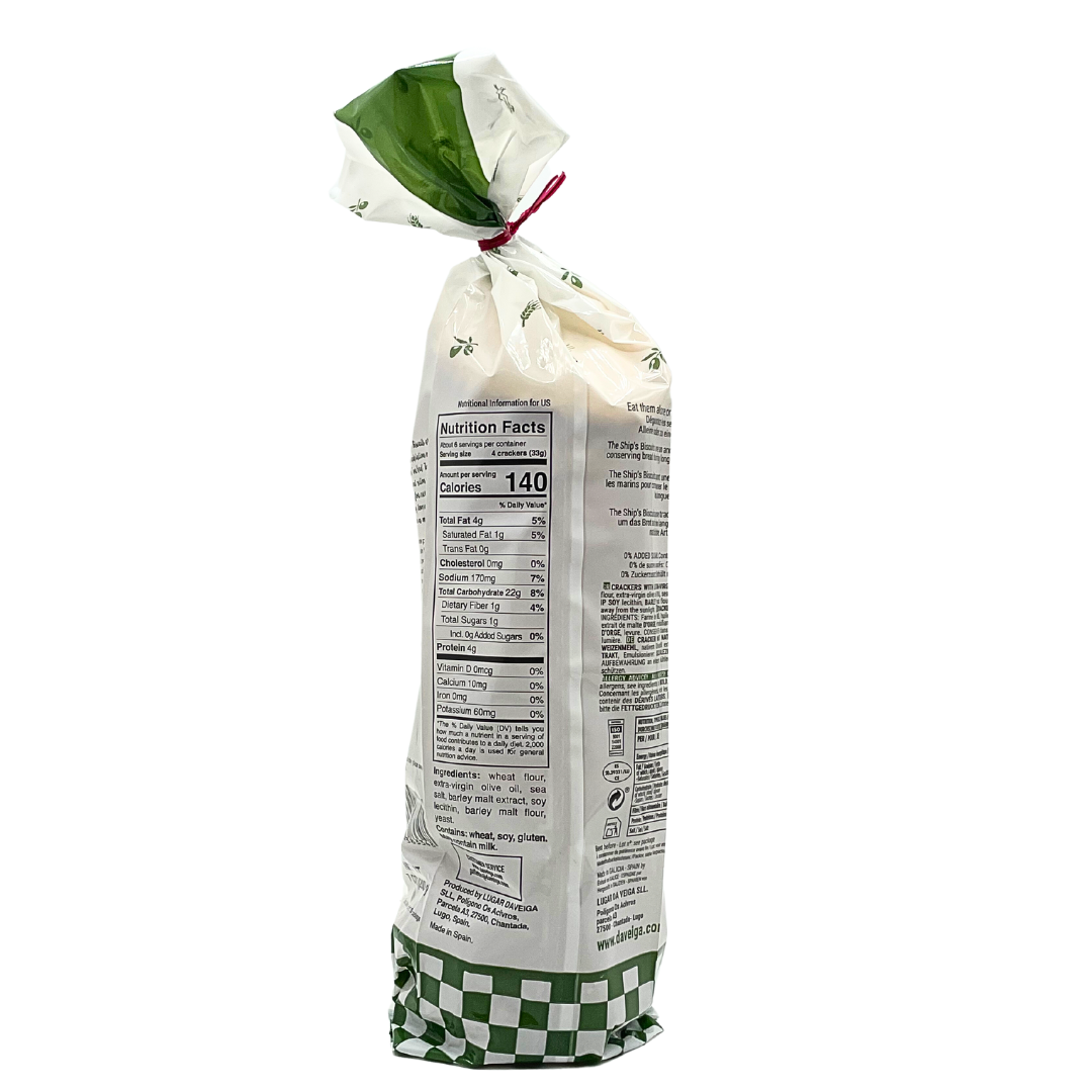 Back view of a 7 oz bag of Darleya Natural Ship’s Biscuits showing nutritional facts, ingredients, and allergen information. The packaging highlights clean labeling with a green-and-white checker design, and includes vegan and non-GMO icons.