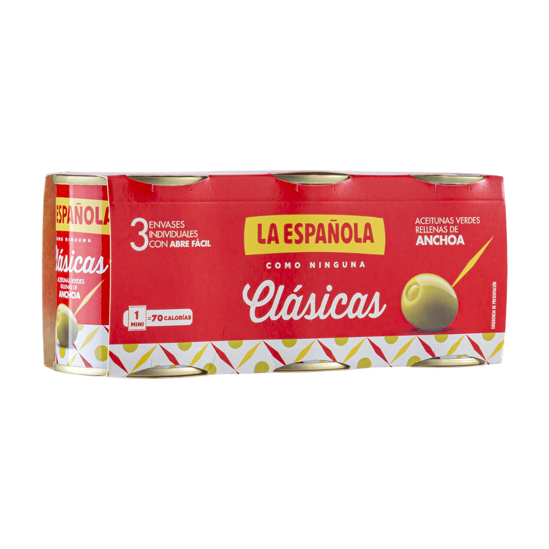 A 3-pack of La Española Clásicas showcases green olives stuffed with anchovy, wrapped in bright red and white packaging with gold accents. The bold Spanish branding and easy-open cans emphasize tradition and convenience in every bite.