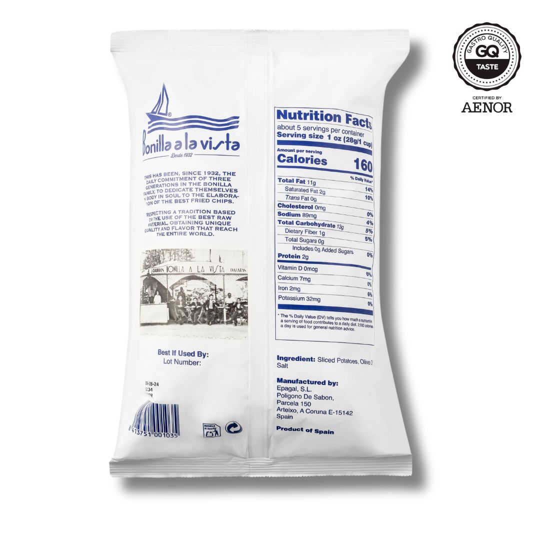 “Bag of Bonilla a la Vista Potato Chips – premium Spanish crisps made with Galician potatoes, olive oil, and sea salt, 150g.”