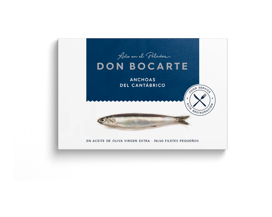 A sleek box of Don Bocarte anchovies from the Cantabrian Sea. The design features a minimalist fish graphic and highlights extra virgin olive oil and reduced salt content. Contains 6–7 premium fillets.