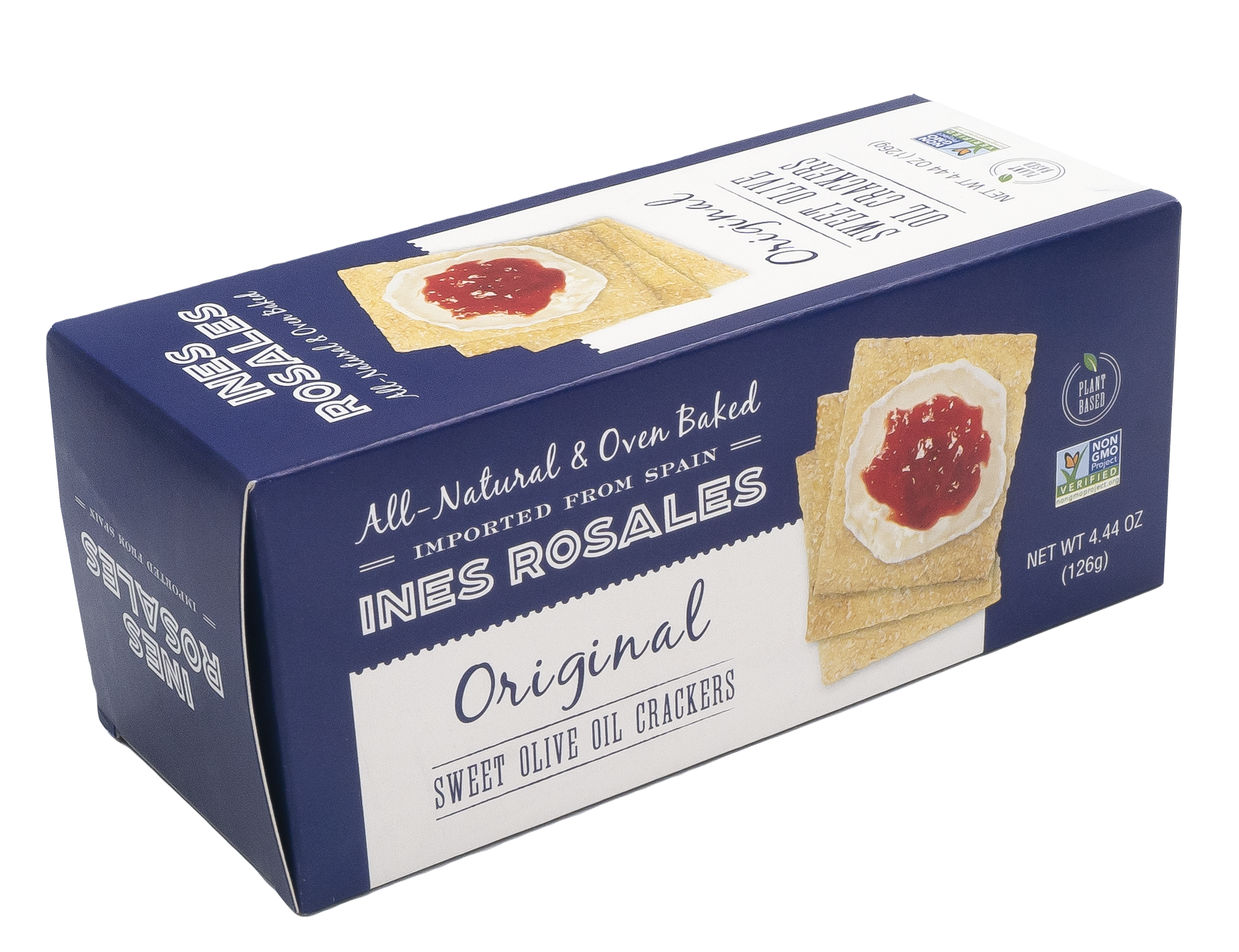 A rectangular box of Ines Rosales Original Sweet Olive Oil Crackers. The packaging is dark blue and white with an image of square crackers topped with creamy cheese and red jam. The product is labeled as all-natural, oven-baked, imported from Spain, plant-based, and non-GMO. Net weight is 4.44 oz (126g).
