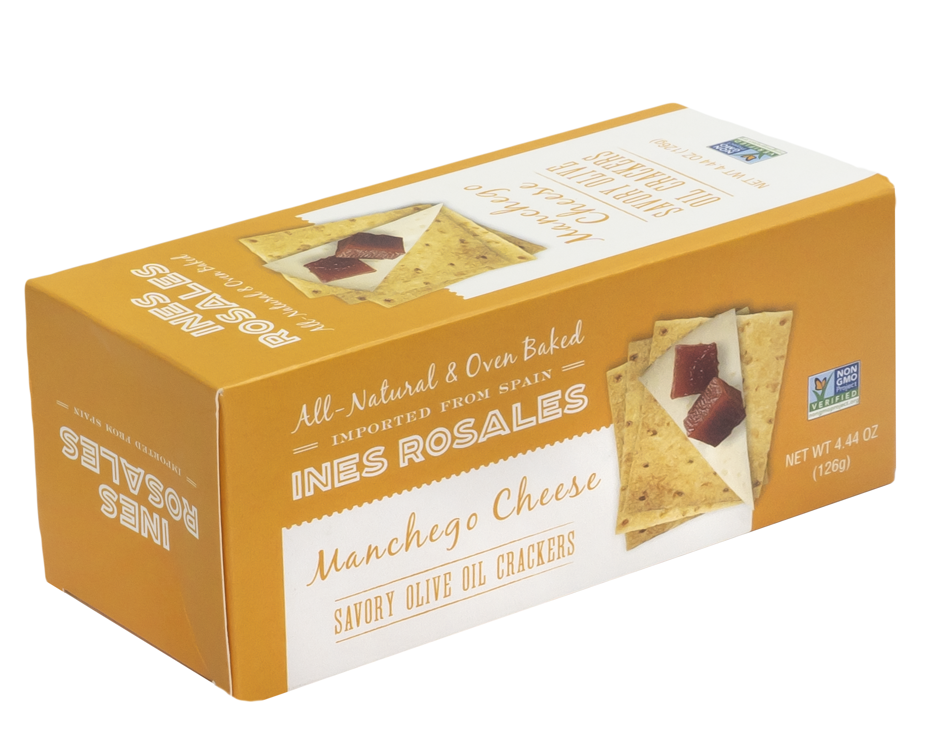 A perspective view of a rectangular orange and white box of INES ROSALES Manchego Cheese Savory Olive Oil Crackers. The packaging is labeled as all-natural, oven-baked, and imported from Spain. The box features an image of crackers topped with Manchego cheese and quince paste cubes. It is marked Non-GMO Project Verified and weighs 4.44 oz (126g).