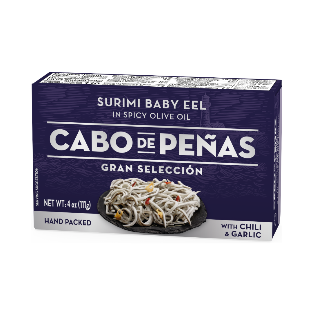 Box of Cabo de Peñas Surimi Baby Eel in spicy olive oil, featuring an image of hand-packed baby eels garnished with chili and garlic. The bold navy and white packaging highlights its premium Spanish origin and gourmet seafood appeal.