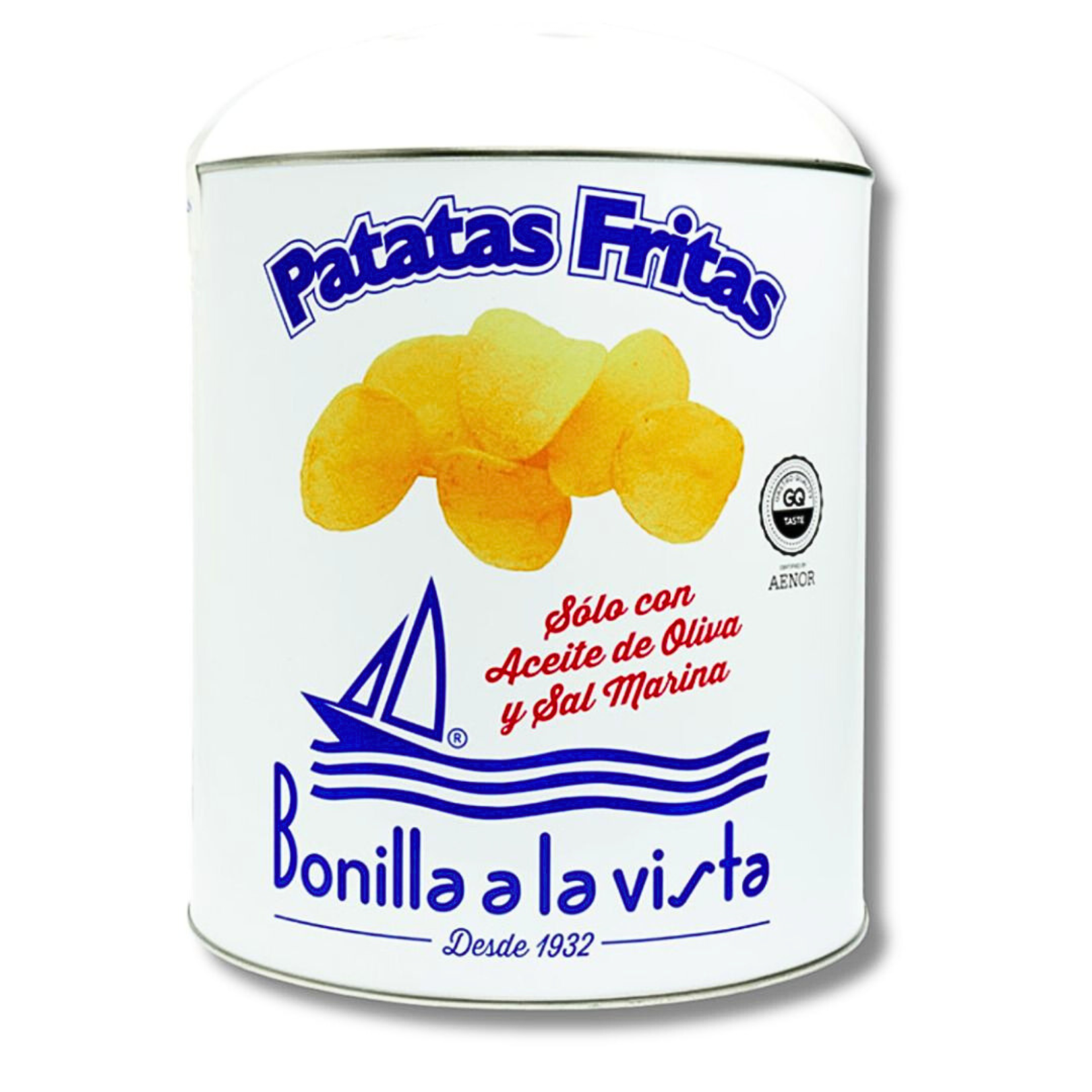 “Bonilla a la Vista 500g tin of Spanish potato chips – made with Galician potatoes, olive oil, and sea salt, in a reusable collectible container.”