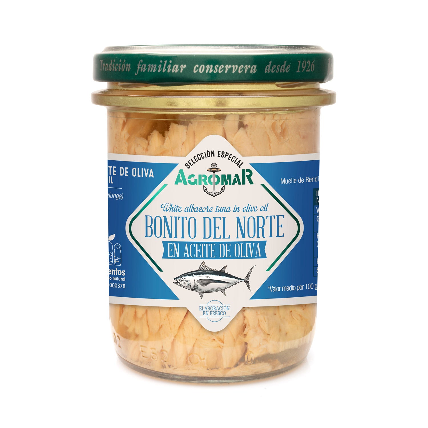 A glass jar of Agromar Bonito del Norte showcases tender white albacore tuna preserved in olive oil. The vintage-style label emphasizes its artisanal Spanish origin and freshness, making it a premium pantry staple for gourmet seafood lovers.