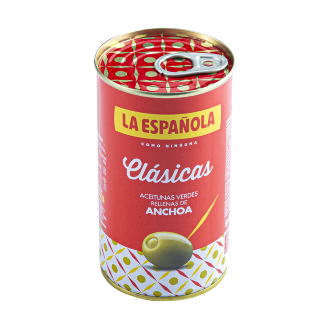 A vibrant can of La Española Clásicas green olives stuffed with anchovy. The red and yellow packaging with retro pattern highlights the bold Spanish branding, perfect for authentic Mediterranean snacking.