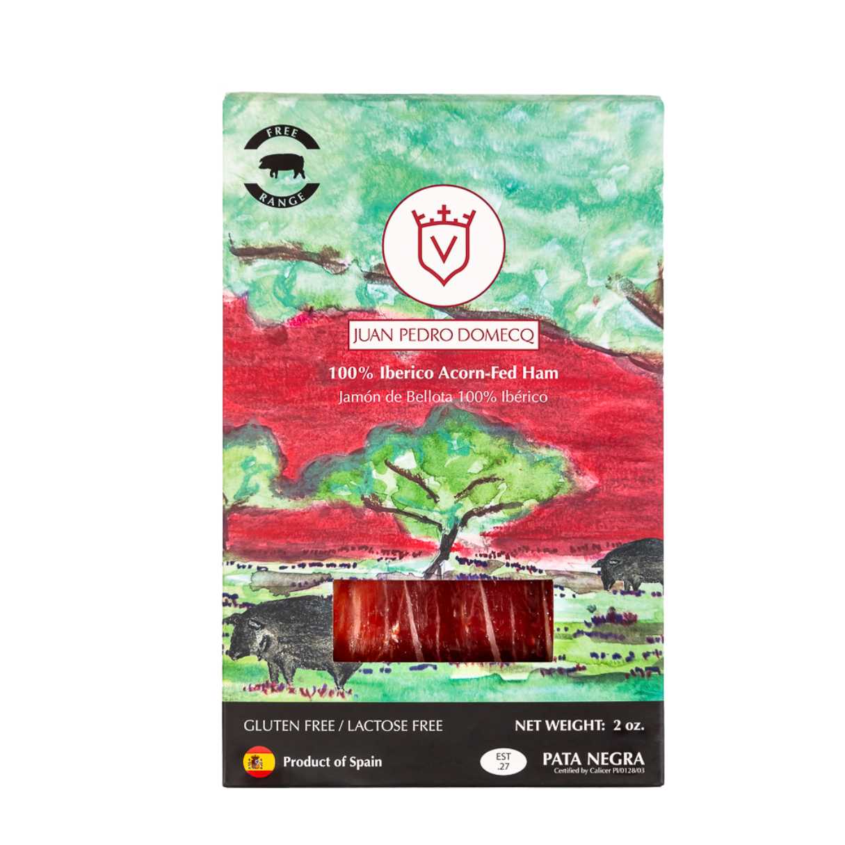 Packaged Iberico Acorn-Fed Ham with colorful label featuring a tree and landscape.