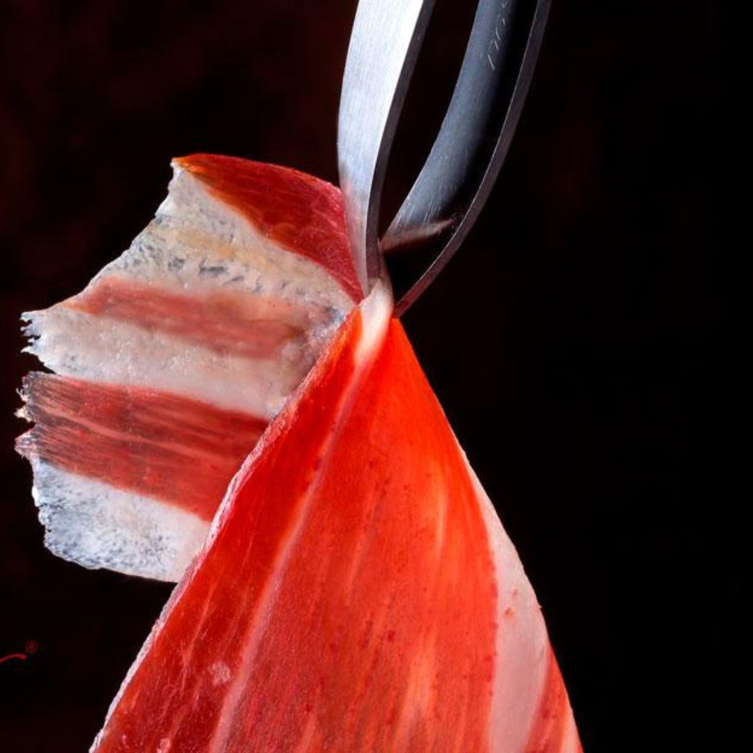 A close-up of a freshly sliced piece of Jamón Ibérico held by carving tongs, showcasing its rich marbling and translucent fat—a gourmet symbol of Spanish culinary excellence and artisanal tradition.