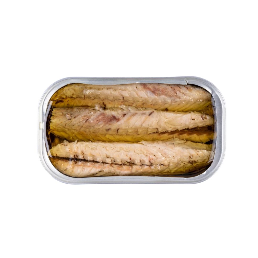 Top-down view of an open tin of mackerel fillets in olive oil, neatly packed and glistening. The flaky texture and golden hue highlight the freshness of this Mediterranean delicacy.
