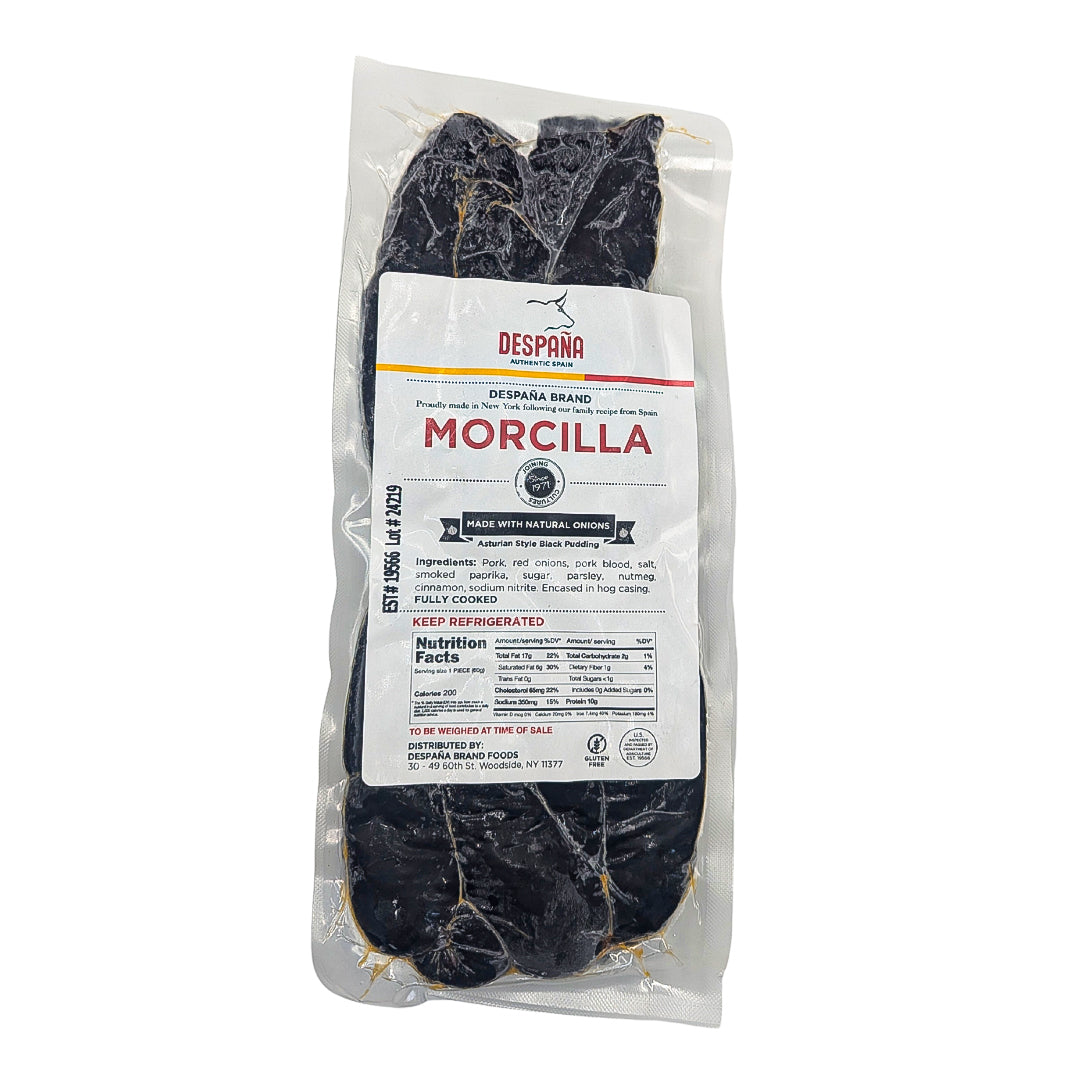 A vacuum-sealed pack of Despaña Morcilla with a white label listing ingredients and nutrition facts. Made with pork, onions, and spices.