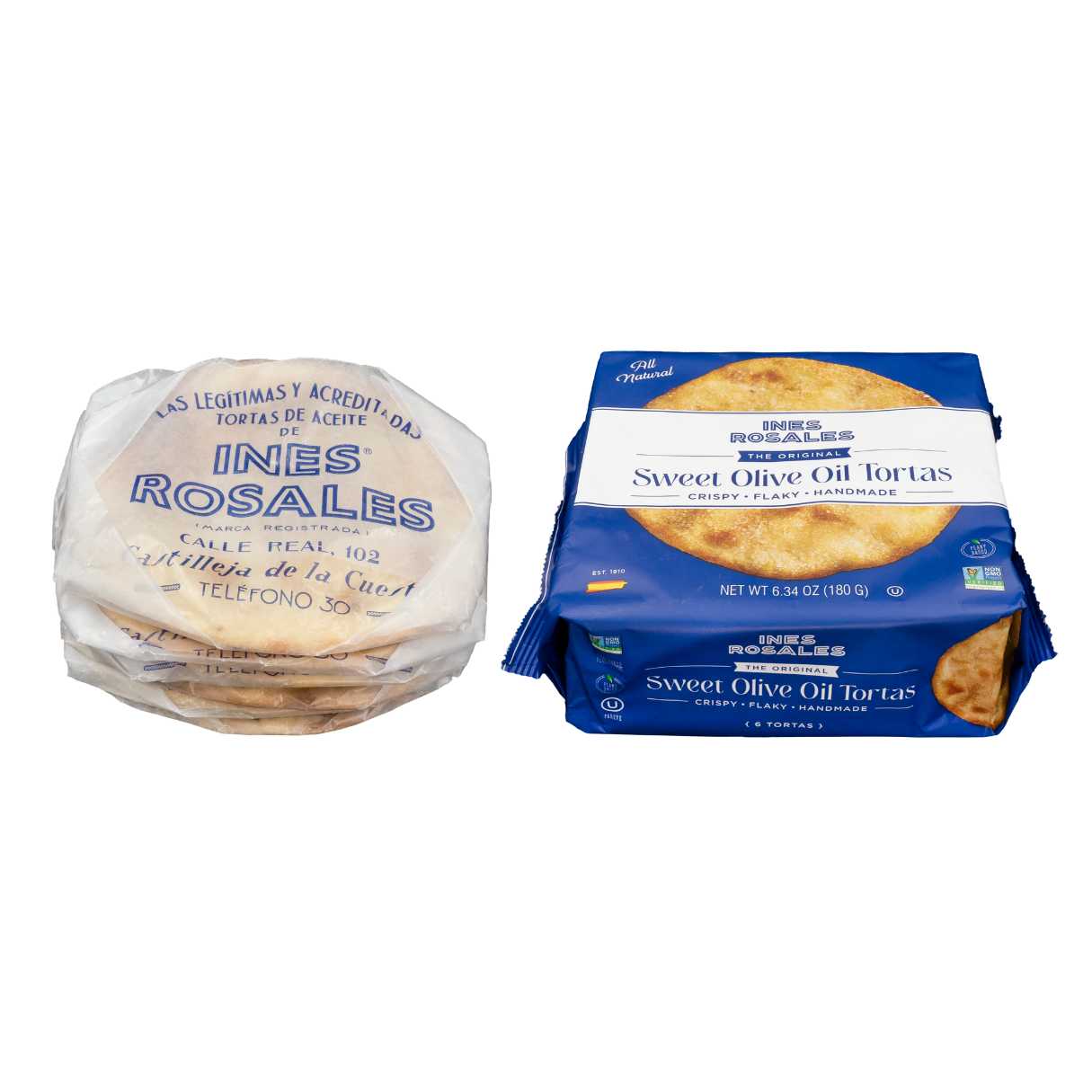 A side-by-side display of Ines Rosales Sweet Olive Oil Tortas highlights both the traditional wax paper wrapping and the modern blue branded package—each containing the iconic handmade, flaky Spanish tortas.