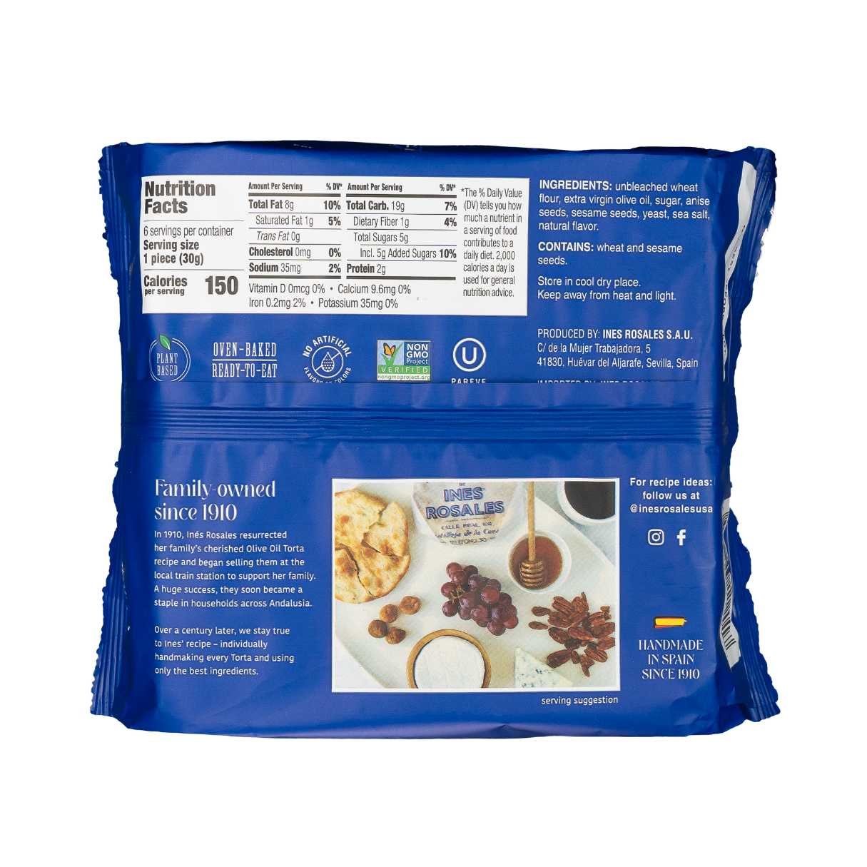 The back of the Ines Rosales Sweet Olive Oil Tortas package highlights the brand’s artisanal roots, with a nostalgic family story, nutrition facts, and natural ingredients. Icons for plant-based, non-GMO, and handmade-in-Spain affirm the product’s quality and tradition.