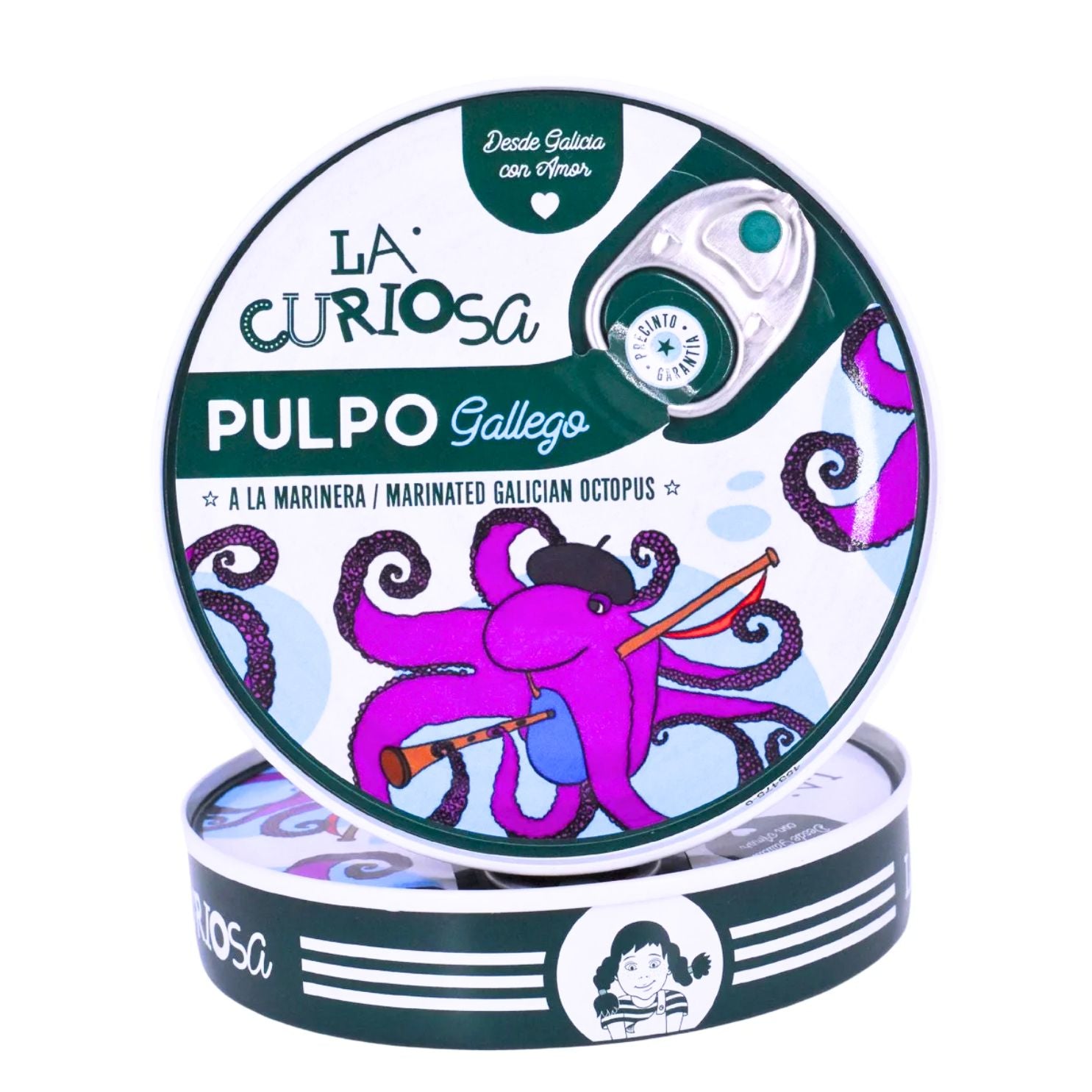 A sealed tin of La Curiosa Pulpo Gallego shows off a colorful, whimsical illustration of a purple octopus playing bagpipes. The label highlights its artisanal Galician origin and features the phrase “Marinated Galician Octopus” in both Spanish and English, celebrating traditional Spanish seafood with modern packaging charm.