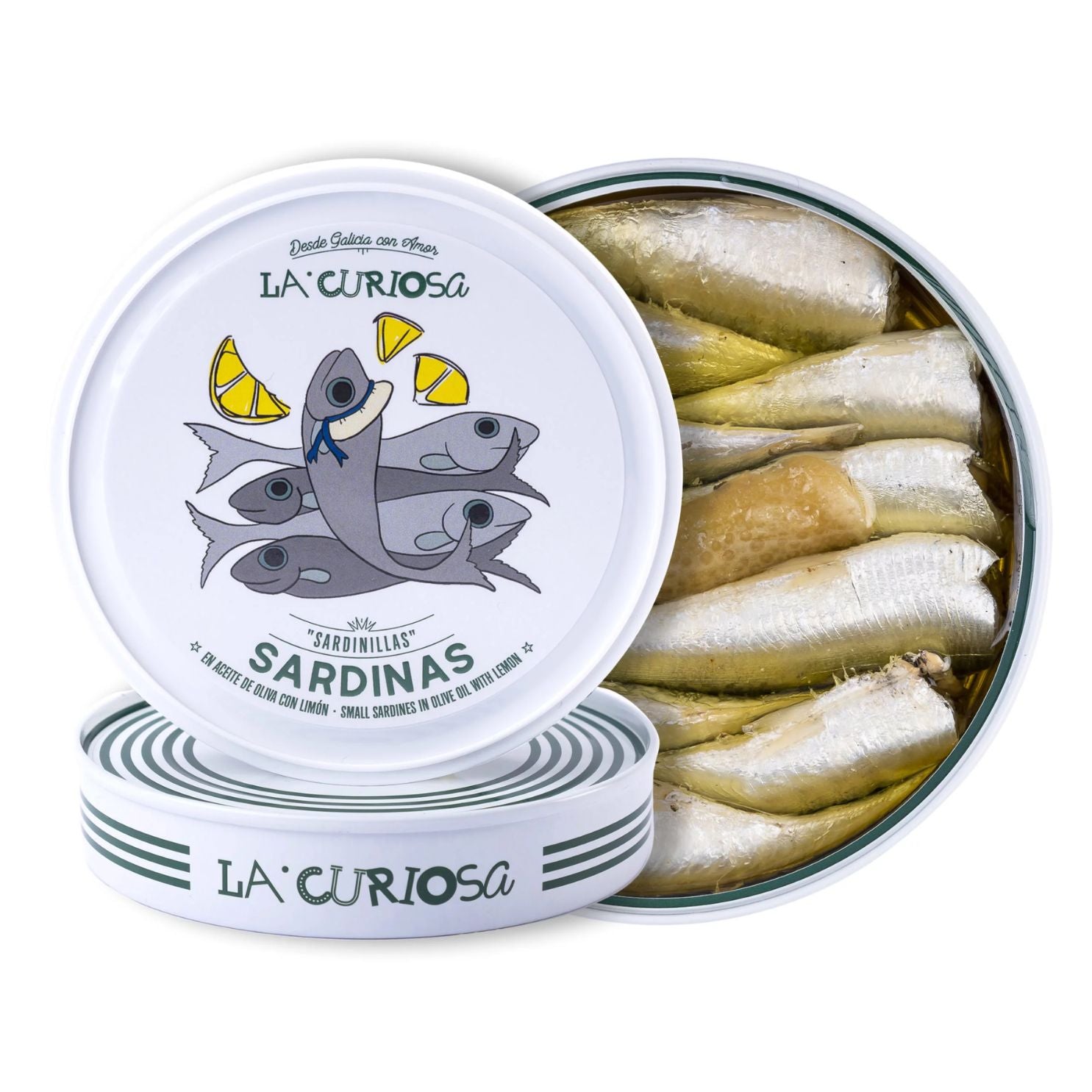 A vibrant round tin of La Curiosa sardines in olive oil with lemon reveals tightly packed, glistening silver fish, accented by lemon zest. The lid features whimsical illustrated sardines wearing lemon wedges like hats, alongside playful typography. “Desde Galicia con Amor” ("From Galicia with Love") adds a regional, artisanal flair to this charming and flavorful preserve.