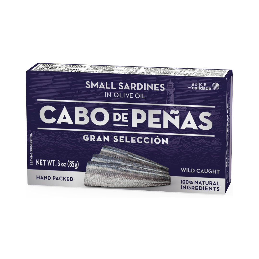 A product photo of a tin of small sardines in olive oil by cabo de peñas.