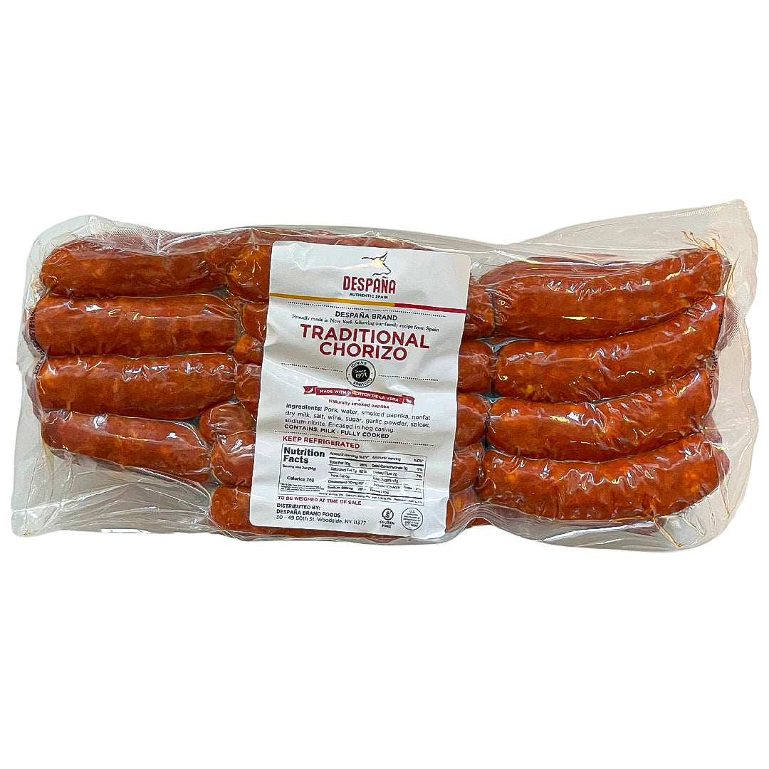 “Pack of DESPAÑA Traditional Spanish Chorizo – gluten-free, fully cooked pork sausage made with smoked paprika and garlic, vacuum-sealed for freshness.”