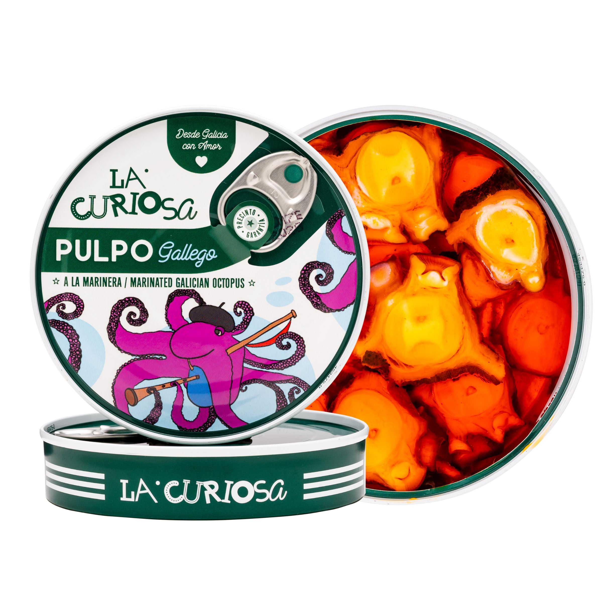 A tin of La Curiosa Pulpo Gallego reveals tender pieces of marinated Galician octopus in a rich, vibrant red sauce. The playful illustrated label features a purple octopus, reflecting the artisanal Spanish seafood tradition with modern flair.