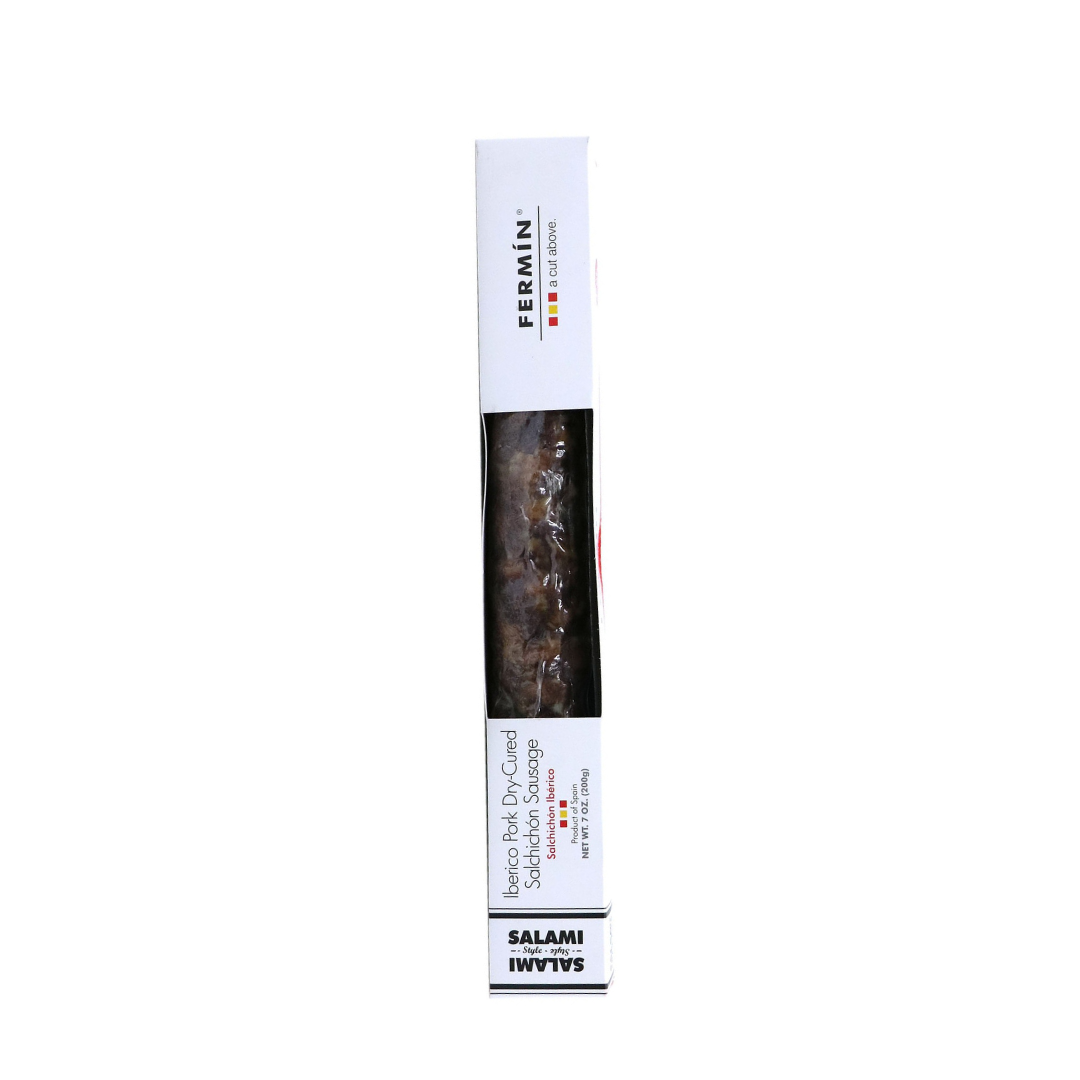 A front facing product shot of a tube of salchichon iberico.