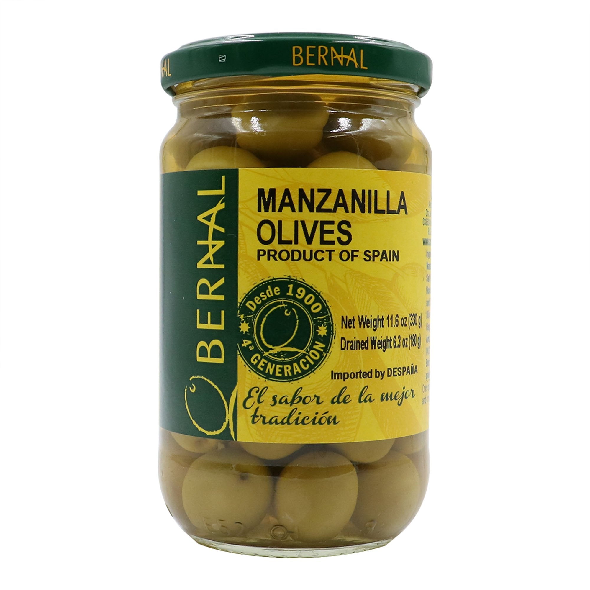A jar of Bernal Manzanilla Olives showcases premium Spanish green olives in brine, labeled with bright yellow and green colors. Featuring traditional typography and “Desde 1900” seal, it highlights the brand’s long-standing heritage and authentic Mediterranean flavor.