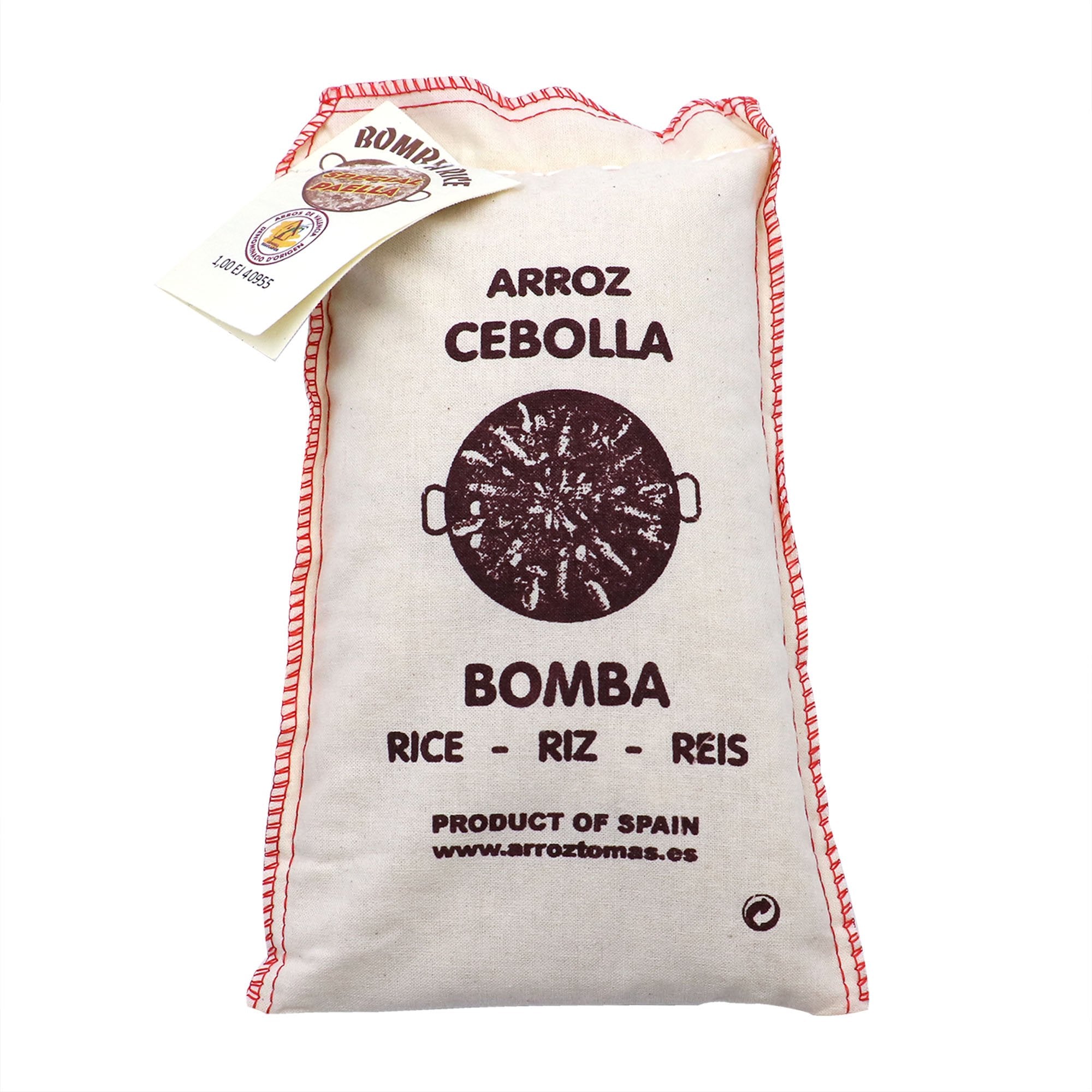 A rustic cloth sack of Arroz Cebolla Bomba rice proudly displays its Spanish origin. Stitched in red, the artisanal packaging features a central image of a paella pan, a nod to the rice’s prized use in traditional paella. Multilingual text—“RICE · RIZ · RÉIS”—underscores its global reach, while the D.O. seal on the attached tag confirms its high-quality regional pedigree.