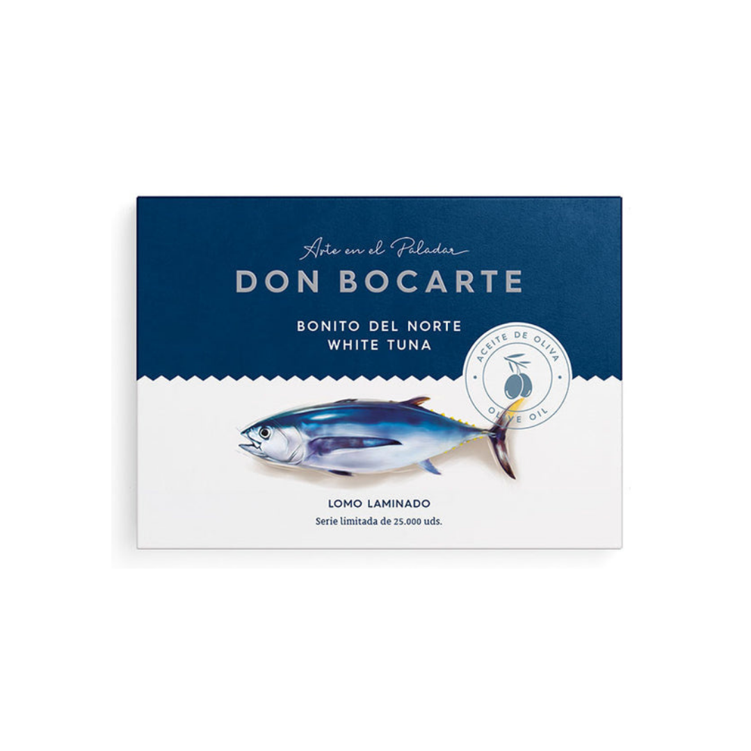 A premium tin of Don Bocarte Bonito del Norte (white tuna) in olive oil, elegantly packaged in a blue and white design with a tuna illustration. Limited edition of 25,000 units, perfect for gourmet seafood lovers seeking high-quality Spanish conservas.