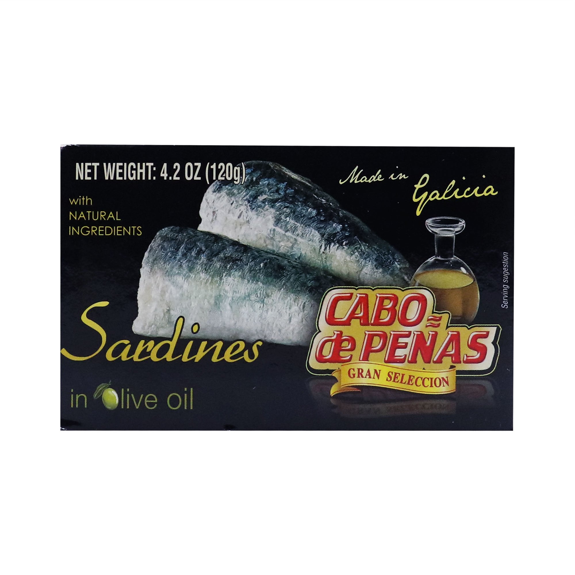 A premium box of Cabo de Peñas Gran Selección sardines, hand-packed and wild-caught, preserved in olive oil. Featuring a sleek navy design, this gourmet Spanish seafood product emphasizes 100% natural ingredients and the authenticity of Galicia’s coastal tradition.