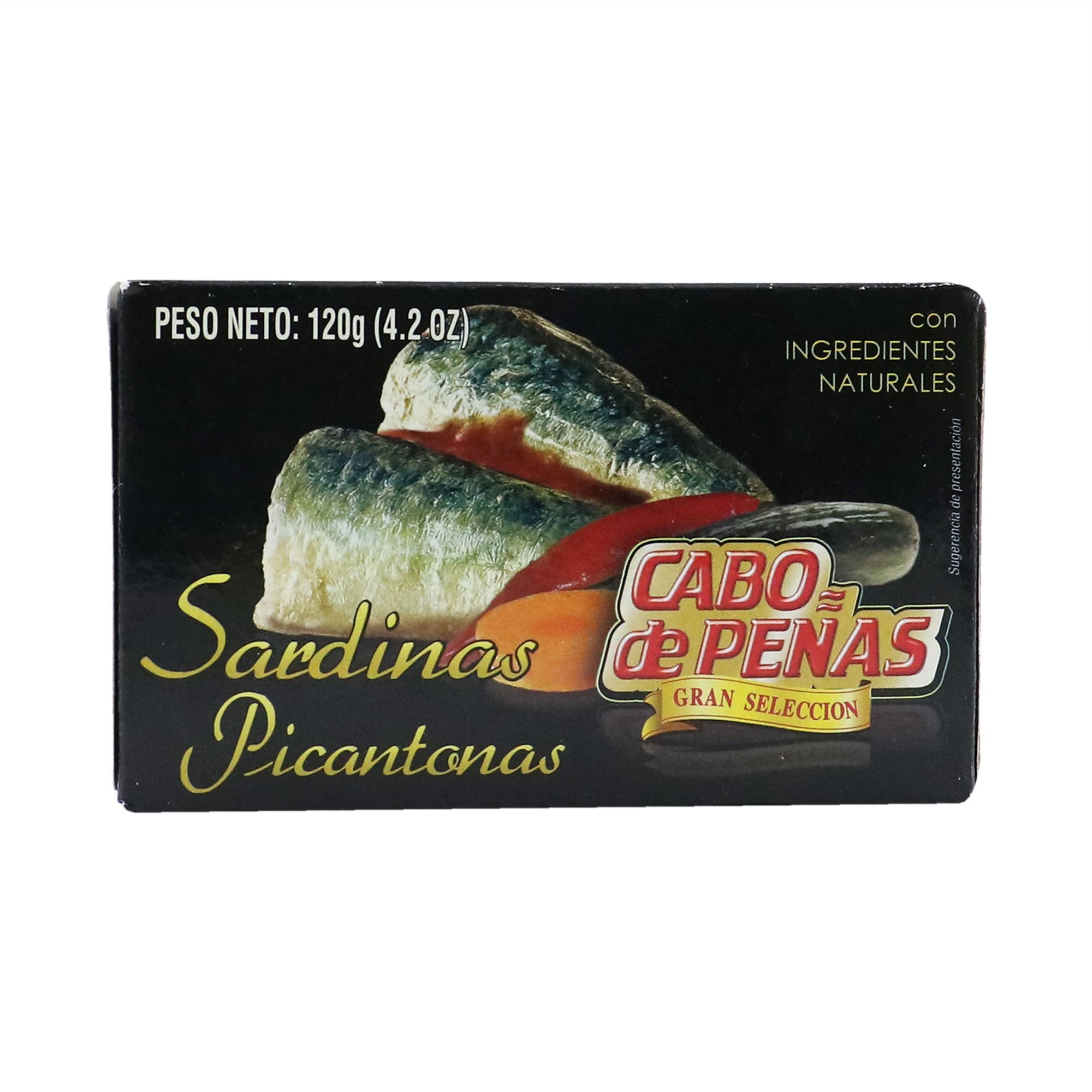 A box of Cabo de Peñas Gran Selección Sardinas Picantonas (Spicy Sardines). The packaging has a black background with an image of sardines topped with red sauce, accompanied by slices of red pepper and carrot. The brand logo "Cabo de Peñas" appears prominently on the right, with "Gran Selección" below it. The weight is noted as 120g (4.2 oz) in the upper left corner. The top right corner states "con ingredientes naturales" (with natural ingredients).