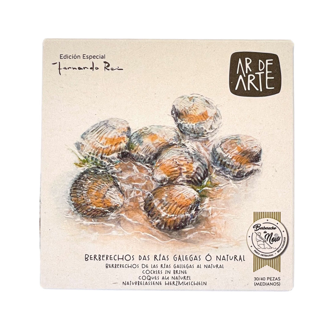 Front packaging of Ar de Arte berberechos. Featuring artwork of painted berberechos.