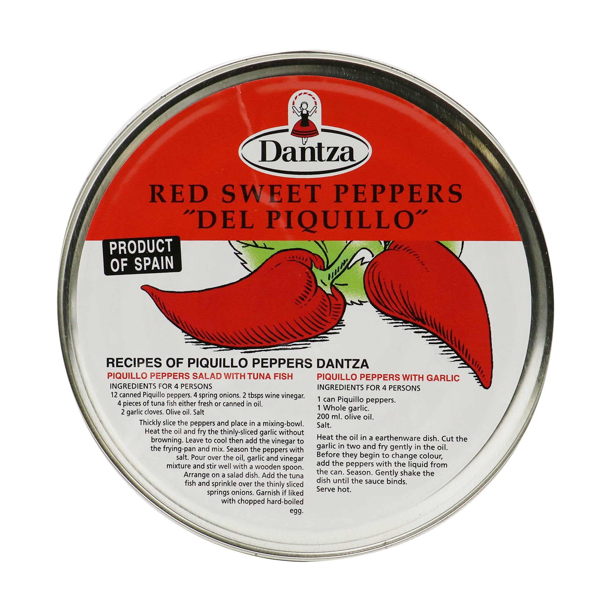 A round tin of Dantza Red Sweet Peppers “Del Piquillo” features bold illustrations of vibrant peppers and includes two classic Spanish recipes on the lid. Proudly labeled "Product of Spain," it evokes tradition and ready-to-enjoy culinary inspiration.