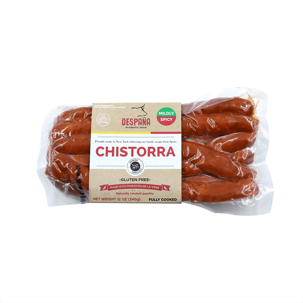 A vacuum-sealed pack of Despaña Morcilla with a white label listing ingredients and nutrition facts. Made with pork, onions, and spices, this Asturian-style black pudding is fully cooked and ready to enjoy.