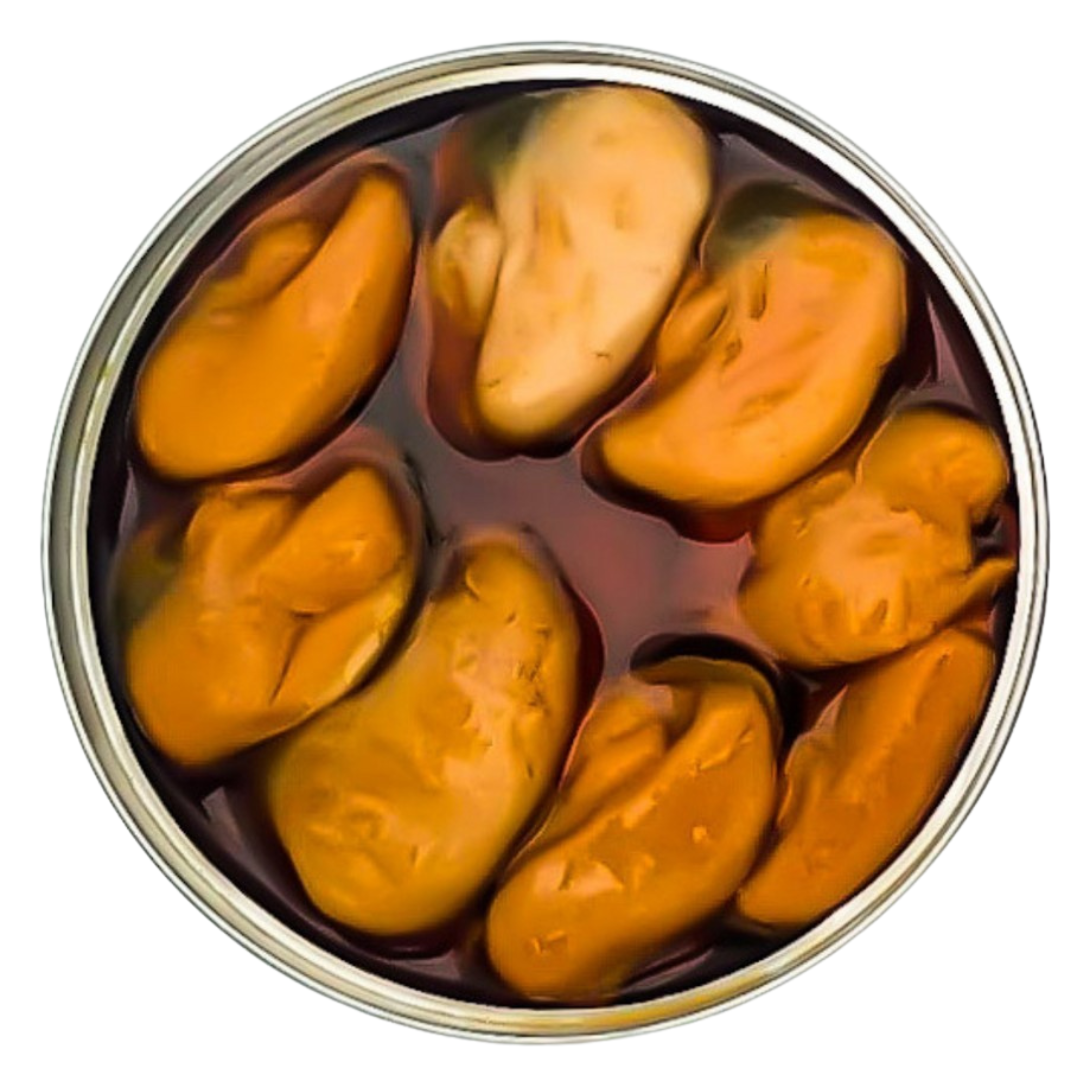 Open tin image of mussels in escabeche sauce--featuring 8 plump mussels.