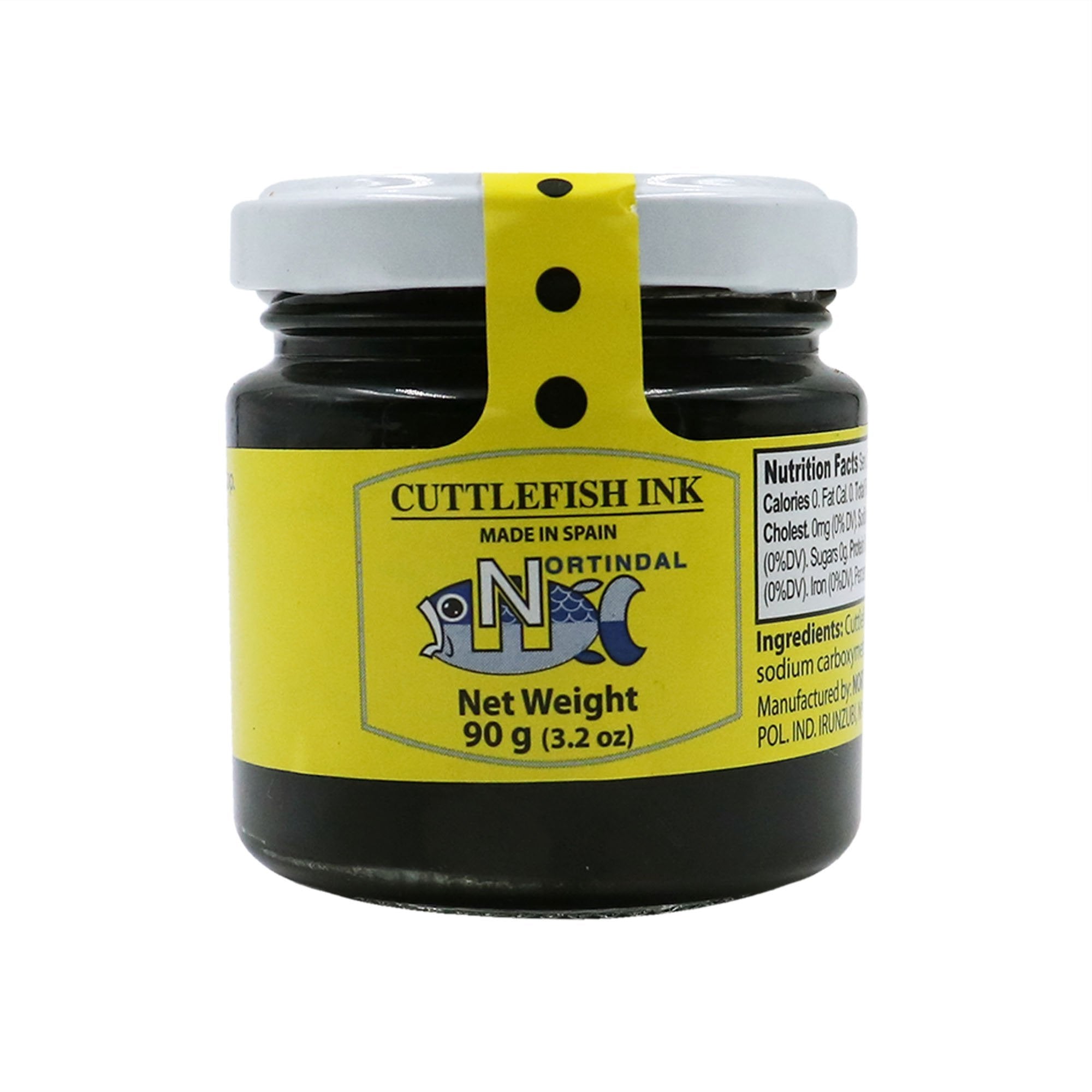 A small glass jar of Nortindal Cuttlefish Ink with a white lid sealed by a yellow strip featuring three black dots. The front label is yellow and includes a stylized fish logo with the text "CUTTLEFISH INK," "MADE IN SPAIN," and "Net Weight 90 g (3.2 oz)." The jar also displays nutritional facts and ingredients in black text on the right side of the label. The black ink inside is visible through the clear glass jar.