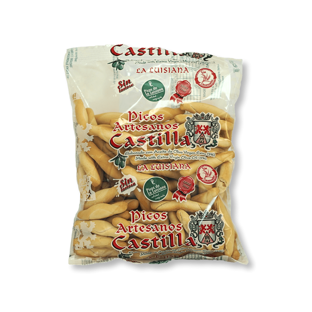 A clear bag of Picos Artesanos Castilla breadsticks, labeled in both Spanish and English. Made with extra virgin olive oil and free of lactose. Traditional, crunchy, and perfect for pairing with tapas.