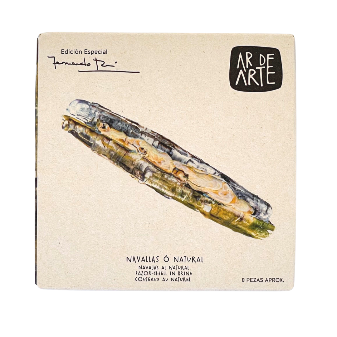 Front packaging of Ar de Arte Razor Clams in Brine. Featuring custom painted artwork of a singular razor clam.