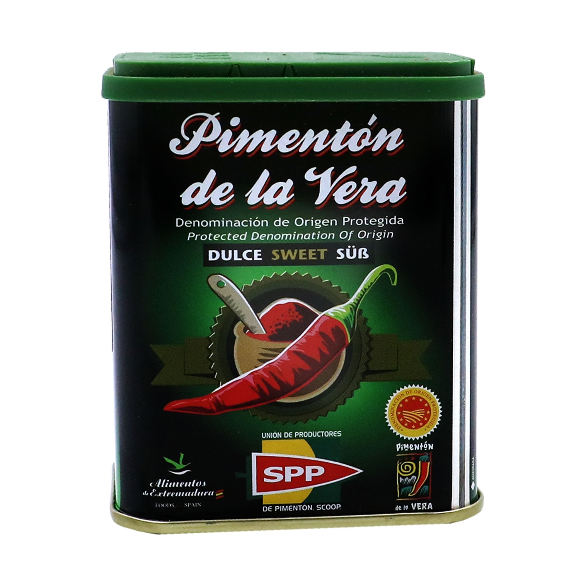 A tin of Pimentón de la Vera Dulce presents Spain’s iconic sweet smoked paprika with rich, traditional style. The label features a bold red chili and scoop of paprika, accented with DOP certification and rustic green tones. This beloved spice from Extremadura adds deep, smoky flavor to countless Spanish dishes.