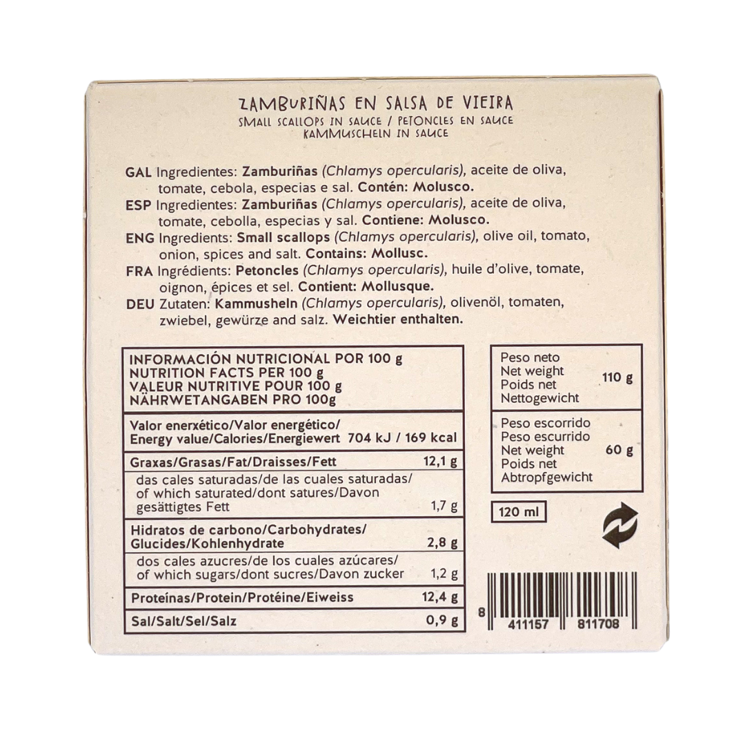 Back view of a food package labeled Zamburiñas en Salsa de Vieira (small scallops in sauce). The ingredients are listed in five languages (Galician, Spanish, English, French, and German), highlighting the main component as small scallops (Chlamys opercularis), olive oil, tomato, onion, spices, and salt. It notes that the product contains molluscs. A nutritional information chart provides values per 100g, showing energy (704 kJ / 169 kcal), fat (12.1g), carbohydrates (2.8g), protein (12.4g), and salt (0.9g).