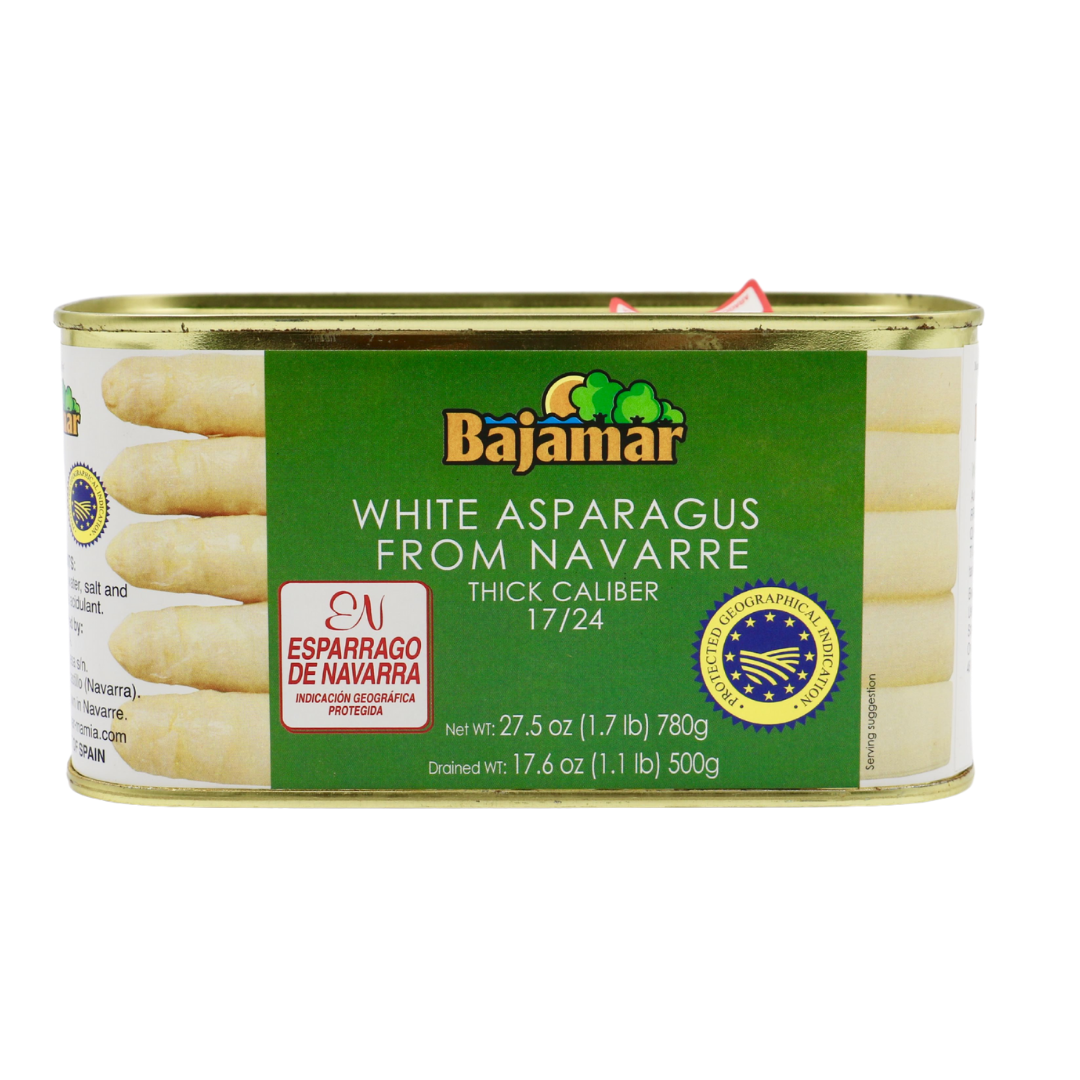 A can of Bajamar White Asparagus from Navarre presents a premium Spanish delicacy. Packed vertically, the thick spears (caliber 17/24) peek through on either side of the clean green label. Certifications of Protected Geographical Indication (PGI) and “Espárrago de Navarra” ensure authenticity and regional pride. With a net weight of 780g and a drained weight of 500g, this is a generous, high-quality offering ready for elegant plating.