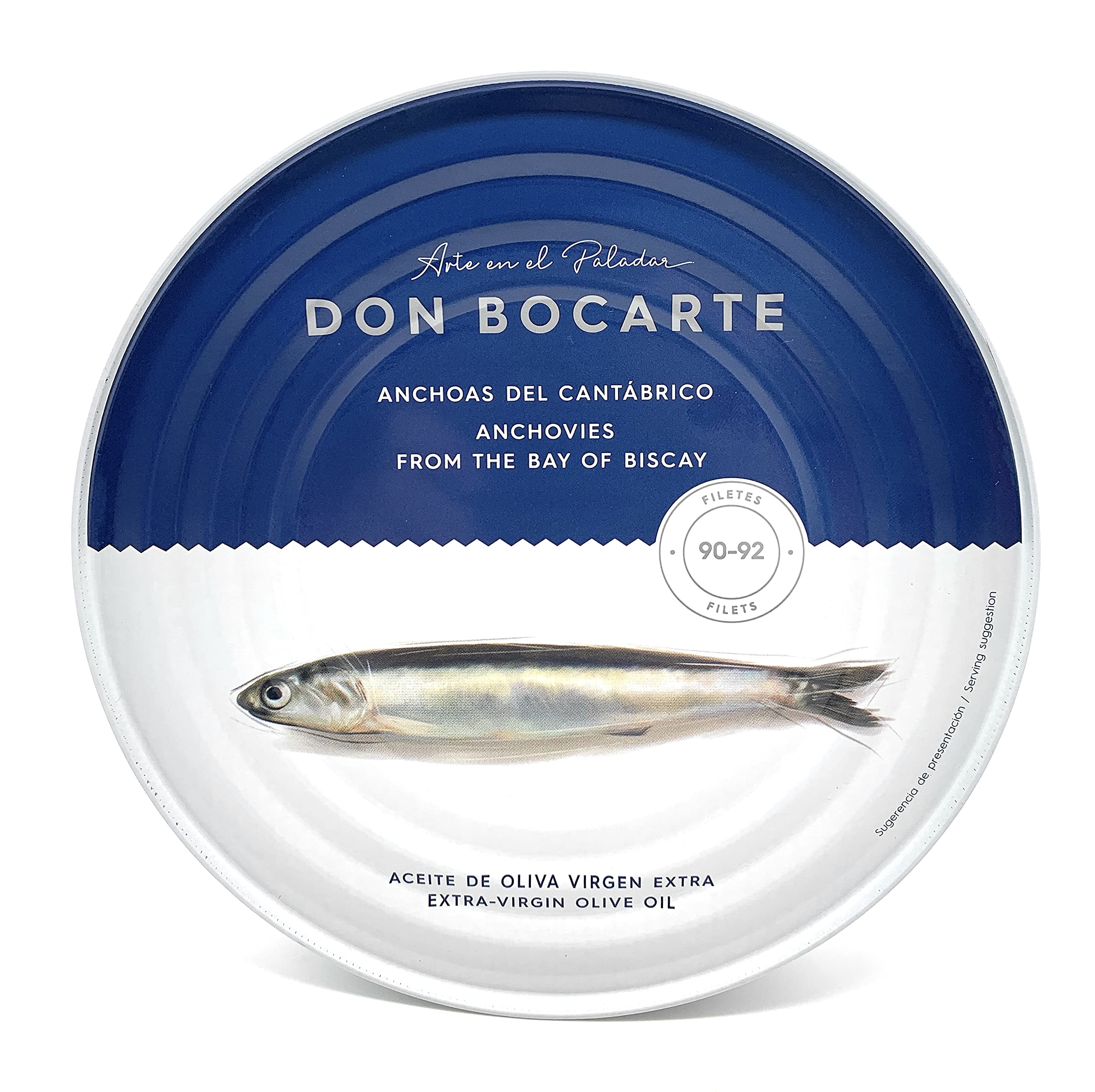 A sleek box of Don Bocarte anchovies from the Cantabrian Sea. The design features a minimalist fish graphic and highlights extra virgin olive oil and reduced salt content. Contains 6–7 premium fillets.