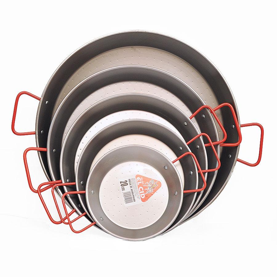 A stacked set of traditional Spanish paella pans in varying sizes with signature red handles. Ideal for authentic paella preparation, these durable steel pans by El Cid are essential cookware for home chefs and lovers of Spanish cuisine.