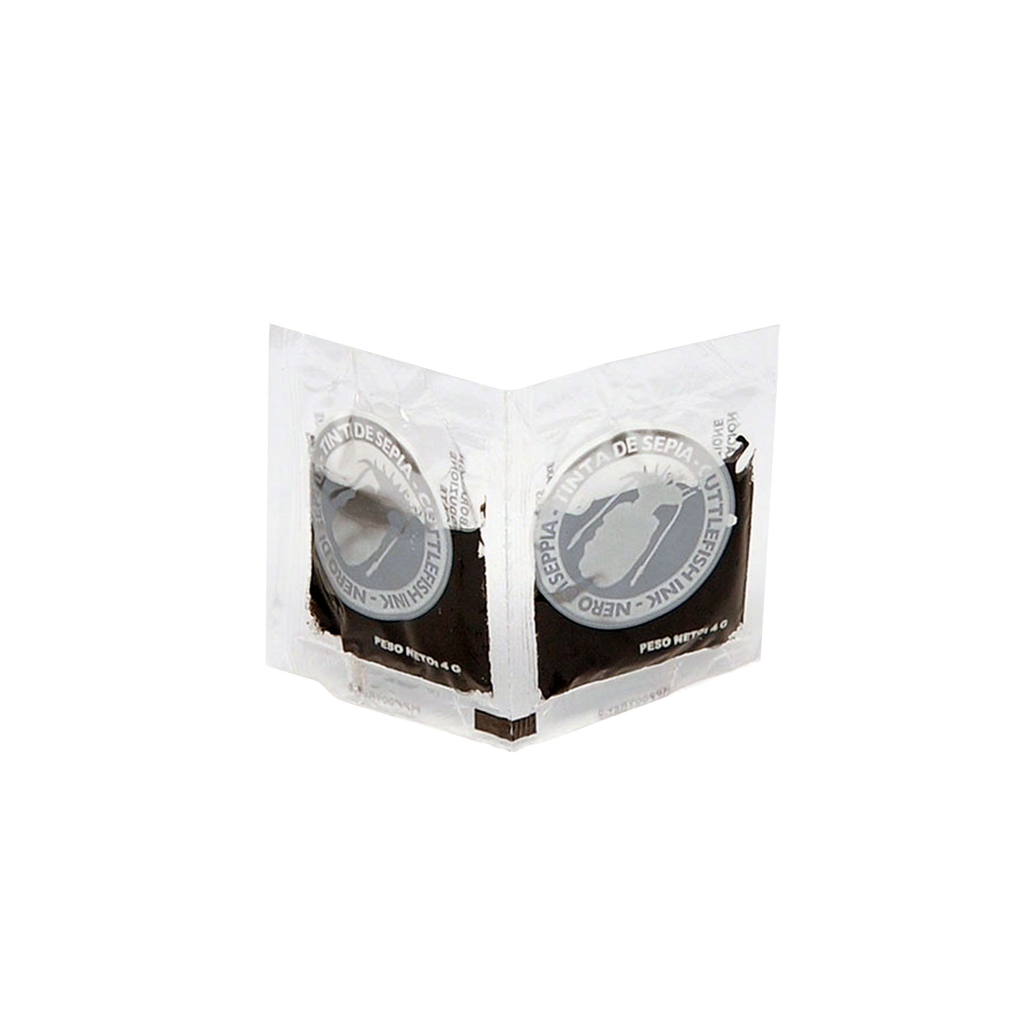 A small, transparent twin-pack sachet of cuttlefish ink labeled "Tinta de Sepia – Cuttlefish Ink – Nero di Seppia." Each side of the V-shaped package contains 4 grams of dark black ink, visible through the clear plastic. The design includes a silver circular logo with a stylized cuttlefish illustration. The packaging is compact and portioned for culinary use.