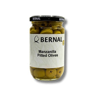 Jar of Bernal Manzanilla Pitted Olives on a white background