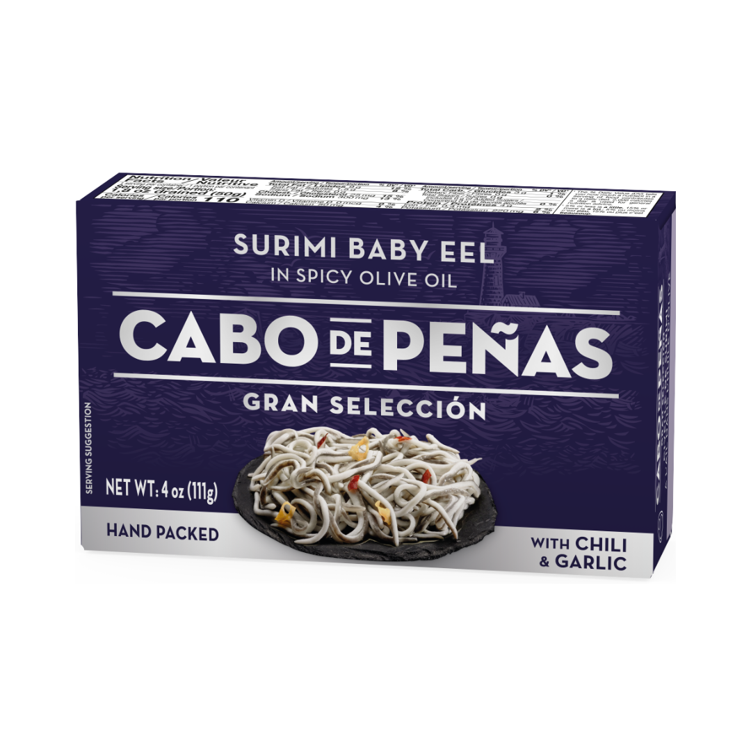 Product photo of baby eel tinned fish by Cabo de Peñas. 
