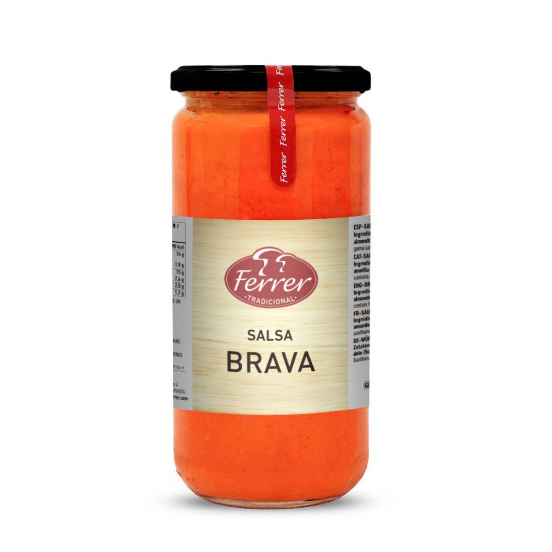 Jar of Salsa Brava with Ferrer label on a white background