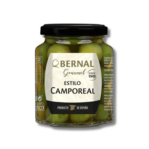 Jar of Bernal Gourmet Camporeal olives on a white background