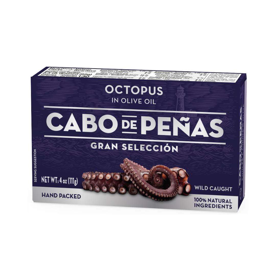 A product photo of a Cabo de Peñas tin of octopus.