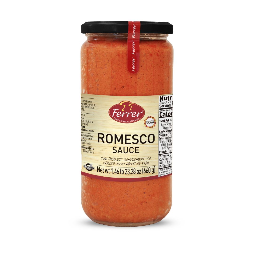 Jar of Romesco sauce with Ferrer label on a white background