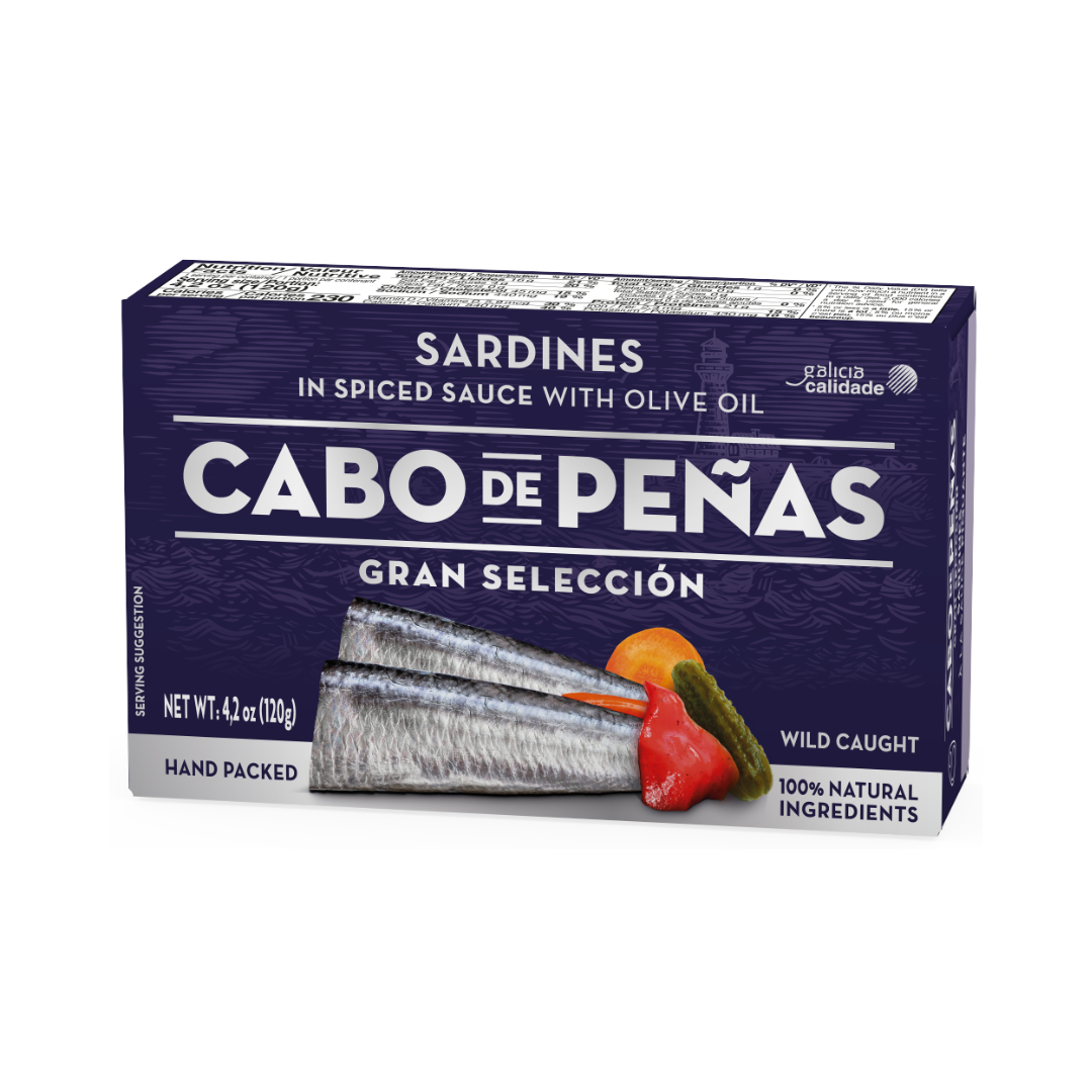 Product photo of a tin of Cabo de Peñas sardines in spiced sauce with olive oil.