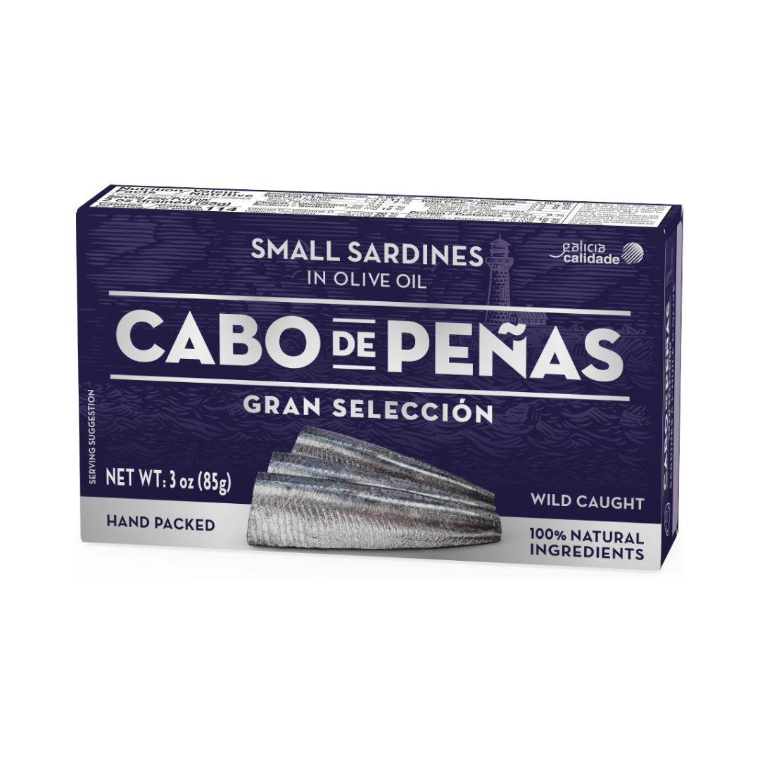 A product photo of a tin of small sardines in olive oil by cabo de peñas. 