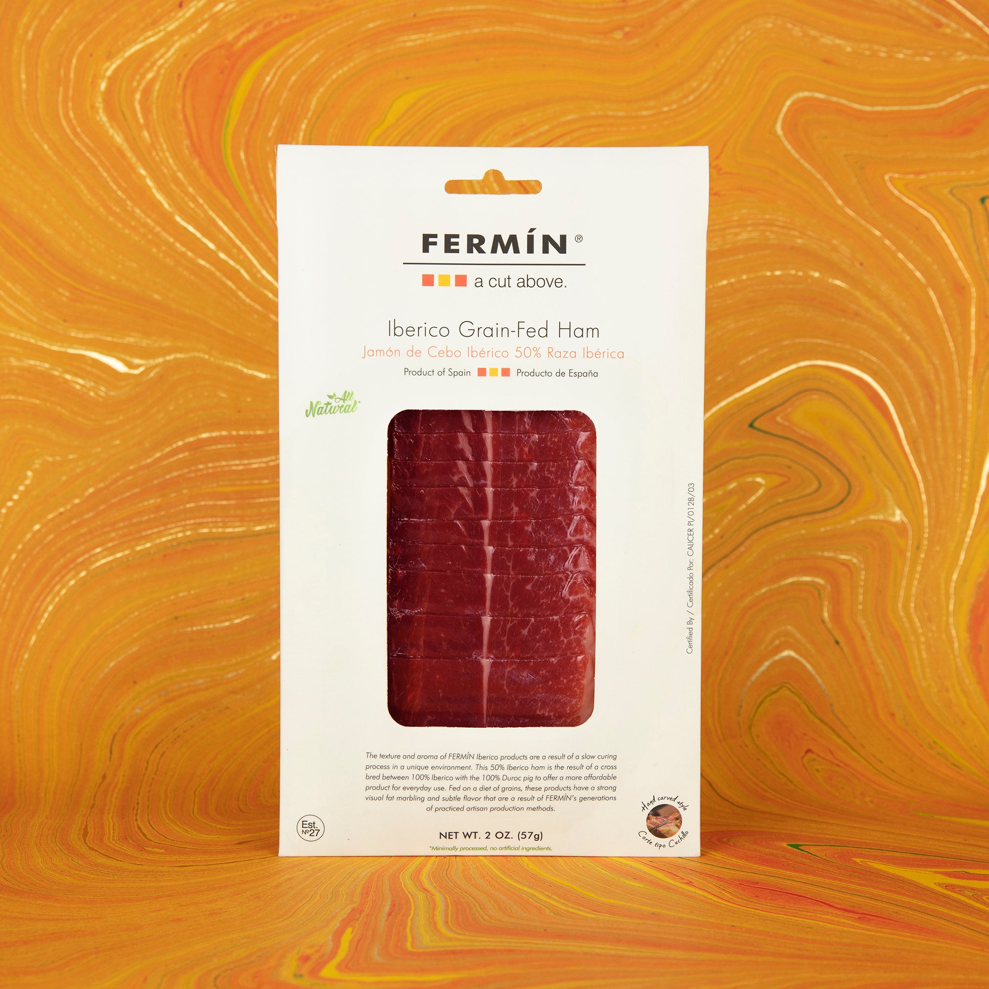 Product image of a pack of pre-sliced jamón ibérico from the brand of Fermin. 